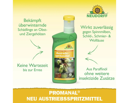 Neudorff Logo und Flasche Promanal Neu Austriebsspritzmittel auf Paraffinölbasis zur Bekämpfung von Schädlingen an Obst- und Ziergehölzen.