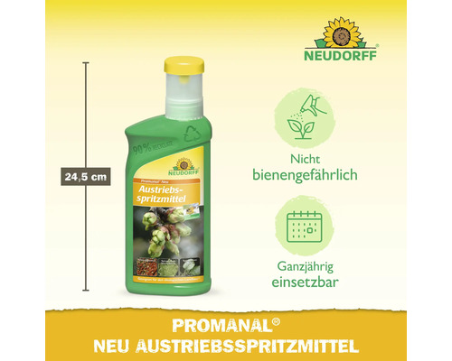 Neudorff Logo, Promanal Neu Austriebsspritzmittel, 24,5 Zentimeter hohe Flasche, nicht bienengefährlich, ganzjährig einsetzbar, 90 Prozent Rezyklat.