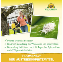 Neudorff Logo, Anwendung von Promanal Neu Austriebsspritzmittel an einem Baum und Nahaufnahme einer Wolllaus auf einem Blatt.