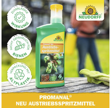 Neudorff Promanal Neu Austriebsspritzmittel in der Flasche mit Symbolen für Wirkung, Bienensicherheit und Recycling. Neudorff Logo.