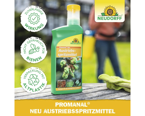 Neudorff Promanal Neu Austriebsspritzmittel in der Flasche mit Symbolen für Wirkung, Bienensicherheit und Recycling. Neudorff Logo.