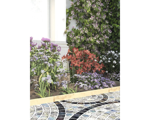 Gartenbeet mit Blumen, geschützt durch ein feinmaschiges schwarzes Schutznetz über einer hellen Holzkante an einem gepflasterten Weg.