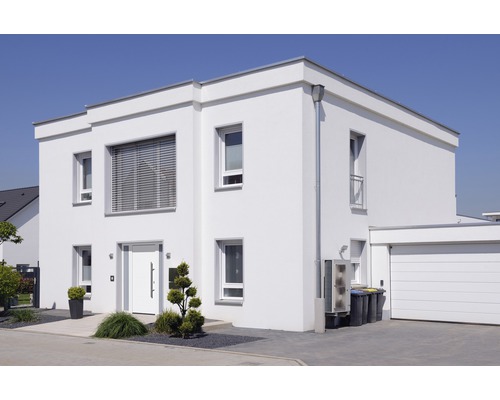 Modernes zweistöckiges Wohnhaus mit Flachdach und Garage