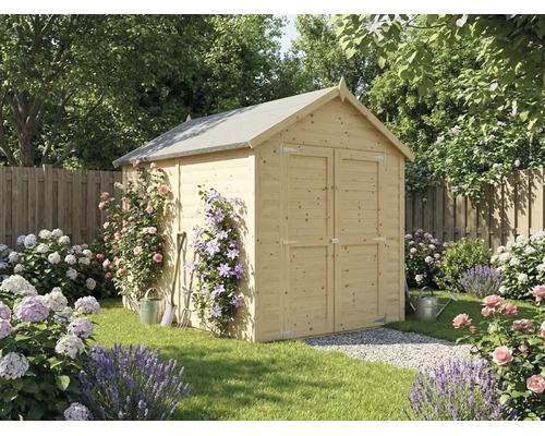 Gartenhaus aus Holz mit Satteldach und Doppeltür in einem bepflanzten Garten mit Blumen, Kiesweg und Gartengeräten.