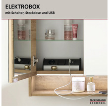 Fackelmann Elektrobox für Spiegelschränke mit Steckdose, Schalter und USB-Anschluss montiert in einem Badezimmerschrank mit Holzdekor.
