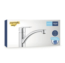 Grohe Küchenarmatur Verkaufsverpackung mit Einhandmischer, 140 Grad Schwenkbereichsbegrenzung und QuickMount Befestigungssystem.