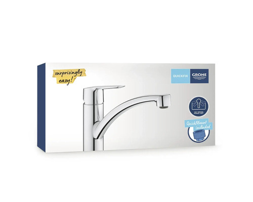Grohe Küchenarmatur Verkaufsverpackung mit Einhandmischer, 140 Grad Schwenkbereichsbegrenzung und QuickMount Befestigungssystem.