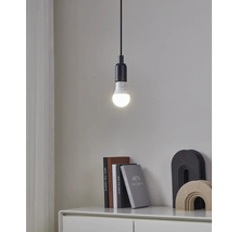 Leuchtendes LED-Leuchtmittel in einer schlichten schwarzen Pendelleuchte über einem weißen Sideboard mit Büchern und Deko in einem hellen Raum.