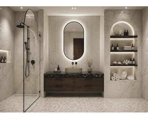Modernes Badezimmer mit Marmorwänden, begehbarer Dusche, dunklem Waschtisch, ovalem Leuchtspiegel und einer beleuchteten Wandnische.