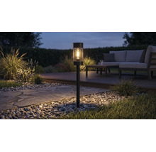 Solar-Gartenstecker mit LED-Leuchtmittel in Gitteroptik beleuchtet einen Gartenweg bei Nacht neben einer Lounge-Sitzecke.