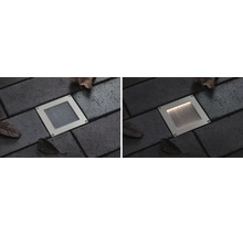 Quadratische LED-Bodeneinbauleuchte in Pflastersteinen im Vergleich zwischen ausgeschaltetem und eingeschaltetem Zustand.