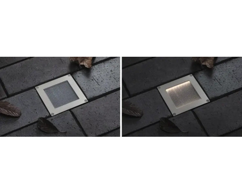 Quadratische LED-Bodeneinbauleuchte in Pflastersteinen im Vergleich zwischen ausgeschaltetem und eingeschaltetem Zustand.