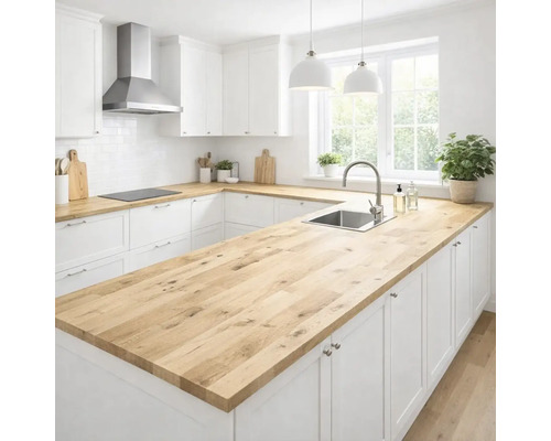 Moderne, helle Küche mit Arbeitsplatten aus hellem Holz, weißen Schränken, einer Edelstahlspüle und einem großen Fenster.