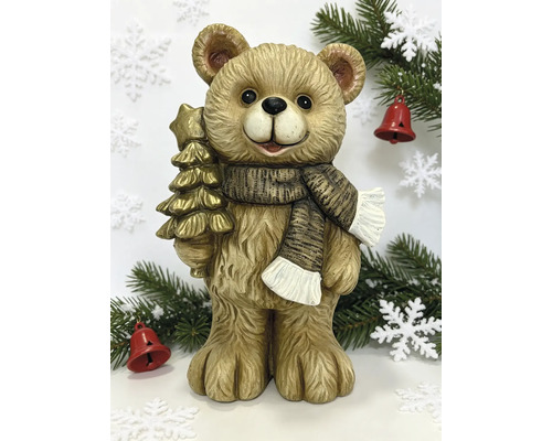 Dekorative Weihnachtsfigur Bär mit Schal und kleinem Tannenbaum mit Stern.
