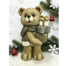 Dekofigur Bär mit Schal und Geschenkpaketen für die Weihnachtsdekoration.