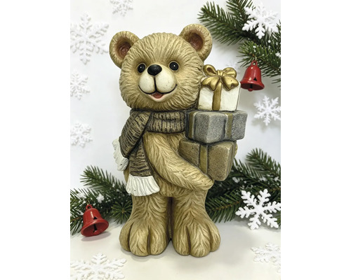 Dekofigur Bär mit Schal und Geschenkpaketen für die Weihnachtsdekoration.