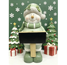Dekorative Schneemann-Figur mit Tafel, umrahmt von geschmückten Weihnachtsbäumen und Geschenken.