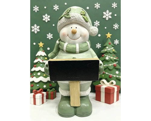 Dekorative Schneemann-Figur mit Tafel, umrahmt von geschmückten Weihnachtsbäumen und Geschenken.