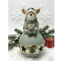 Weihnachtsdekoration Rentier auf Kugel mit Mütze, Schal und Handschuhen, winterliche Szene mit Tannenzweigen und Geschenk.