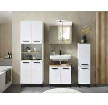 Modernes Badezimmermöbel-Set in Weiß mit Holzoptik-Akzenten, bestehend aus Hochschrank, Spiegelschrank, Waschbecken und Unterschrank.