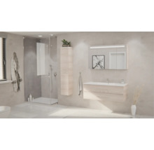 Modernes Badezimmer mit Waschtischunterschrank in heller Holzoptik, Spiegelschrank, Hochschrank und begehbarer Glasdusche. Helles, geordnetes Design.