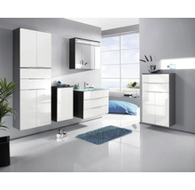 Modernes, helles Badezimmermöbel Set in Weiß Hochglanz und Anthrazit mit Hochschrank, Waschtisch, Spiegelschrank und Beischränken in einem hellen Raum.