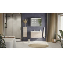 Modernes Badezimmer mit hellem Waschtisch, Spiegelschrank, begehbarer Dusche und freistehender Badewanne. Hell und organisiert.