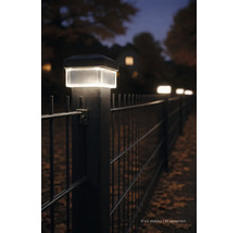 Beleuchtete LED-Pfostenkappen auf einem Doppelstabmattenzaun bei Nacht zur hellen und dekorativen Außenbeleuchtung.