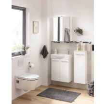 Helles Badezimmer mit weißem Waschtisch, wandhängendem WC, Spiegelschrank und Seitenschrank auf hellem Holzboden.