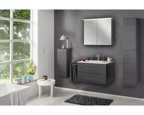 Modernes Badezimmer-Set mit Waschtisch, Waschbecken, Spiegelschrank und zwei Hochschränken in dunkler Holzoptik.