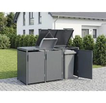 Dreifache Mülltonnenbox aus Metall im Außenbereich mit geöffneten Deckeln und einer Fronttür, die eine Mülltonne im Inneren zeigt.