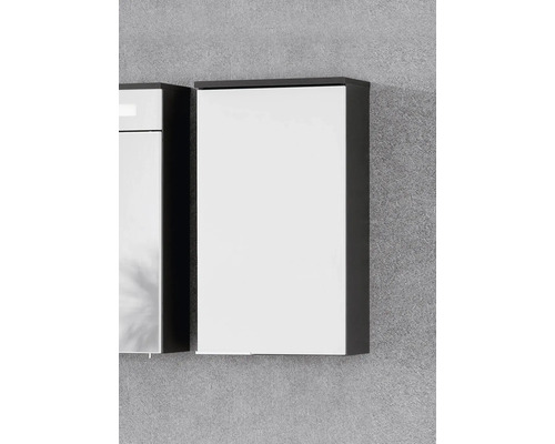 Wandhängender Badezimmerschrank mit weißer Front und dunklem Korpus.