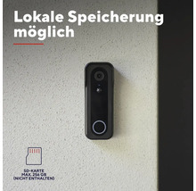 Videotürklingel an einer Wand mit Hinweis auf die Möglichkeit der lokalen Speicherung auf einer SD-Karte bis maximal 256 Gigabyte.