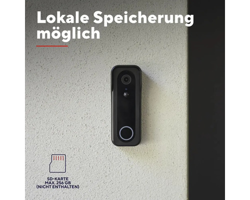 Videotürklingel an einer Wand mit Hinweis auf die Möglichkeit der lokalen Speicherung auf einer SD-Karte bis maximal 256 Gigabyte.
