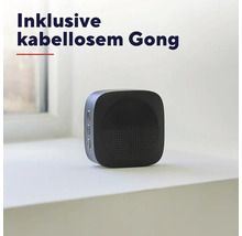 Quadratischer kabelloser Gong für Türklingeln mit abgerundeten Ecken und seitlichen Bedientasten.