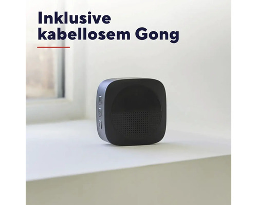 Quadratischer kabelloser Gong für Türklingeln mit abgerundeten Ecken und seitlichen Bedientasten.