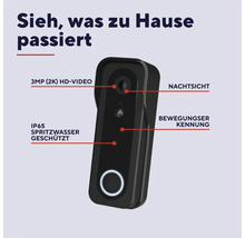 Schwarze Video-Türsprechanlage mit 3 Megapixel High Definition Video, Nachtsicht, Bewegungserkennung und IP65 Spritzwasserschutz.