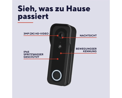 Schwarze Video-Türsprechanlage mit 3 Megapixel High Definition Video, Nachtsicht, Bewegungserkennung und IP65 Spritzwasserschutz.