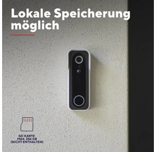 Smarte Türklingel an der Wand mit Hinweis auf lokale Speicherung mittels SD-Speicherkarte bis maximal 256 Gigabyte.