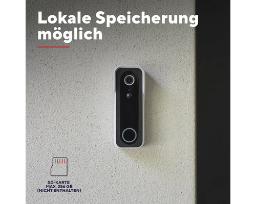 Smarte Türklingel an der Wand mit Hinweis auf lokale Speicherung mittels SD-Speicherkarte bis maximal 256 Gigabyte.