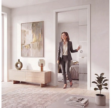 Moderne Glasschiebetür mit Querstreifen in einem hellen Wohnzimmer, durch die eine Frau geht.