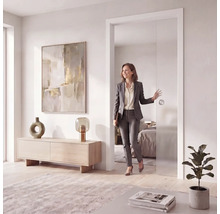 Moderne Glasschiebetür in hellem Innenraum, rahmenloses Design mit rundem Muschelgriff, Frau geht durch die geöffnete Tür.