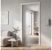 Moderne Schiebetür aus satiniertem Glas mit rundem Muschelgriff, eingebaut in ein helles, minimalistisches Wohnzimmer.