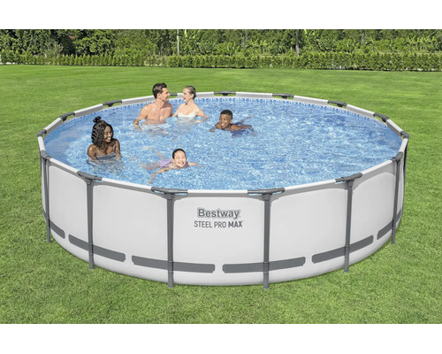Bestway Steel Pro Max Frame Pool, runder Aufstellpool mit Personen in einem Garten auf einer Rasenfläche.