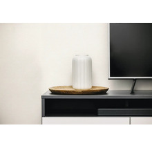 Geriffelte Vase auf einem flachen Holzteller neben einem Fernseher auf einem modernen Sideboard.