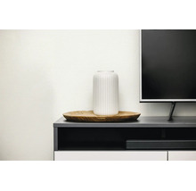 Weiße Vase mit vertikalem Rillenmuster auf einem runden Holztablett, platziert auf einem dunklen TV-Board neben einem Fernseher.