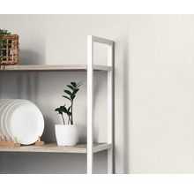 Detailansicht eines modernen Regals mit weißem Metallgestell und hellen Holzböden, bestückt mit Tellern und einer Zimmerpflanze.