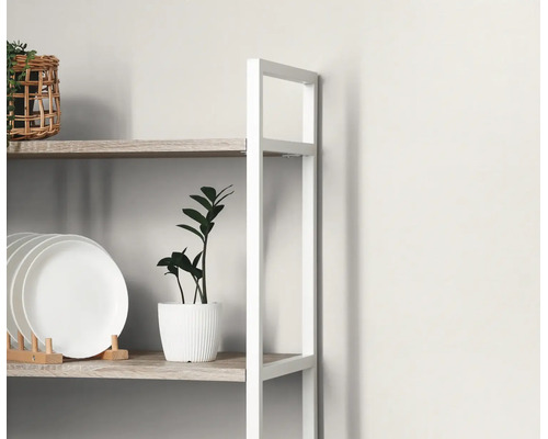 Detailansicht eines modernen Regals mit weißem Metallrahmen und Regalböden in Holzoptik, bestückt mit einem Tellerhalter und einer Zimmerpflanze.