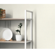 Standregal mit Holzböden und weißem Metallrahmen, dekoriert mit Tellern, Zimmerpflanzen und einem Weidenkorb.