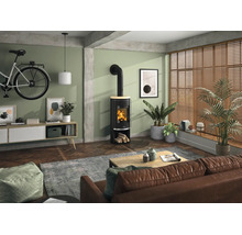 Moderner Kaminofen in einem hellen Wohnzimmer mit Parkettboden, Ledersofa, Holzjalousien und einem an der Wand montierten Fahrrad.